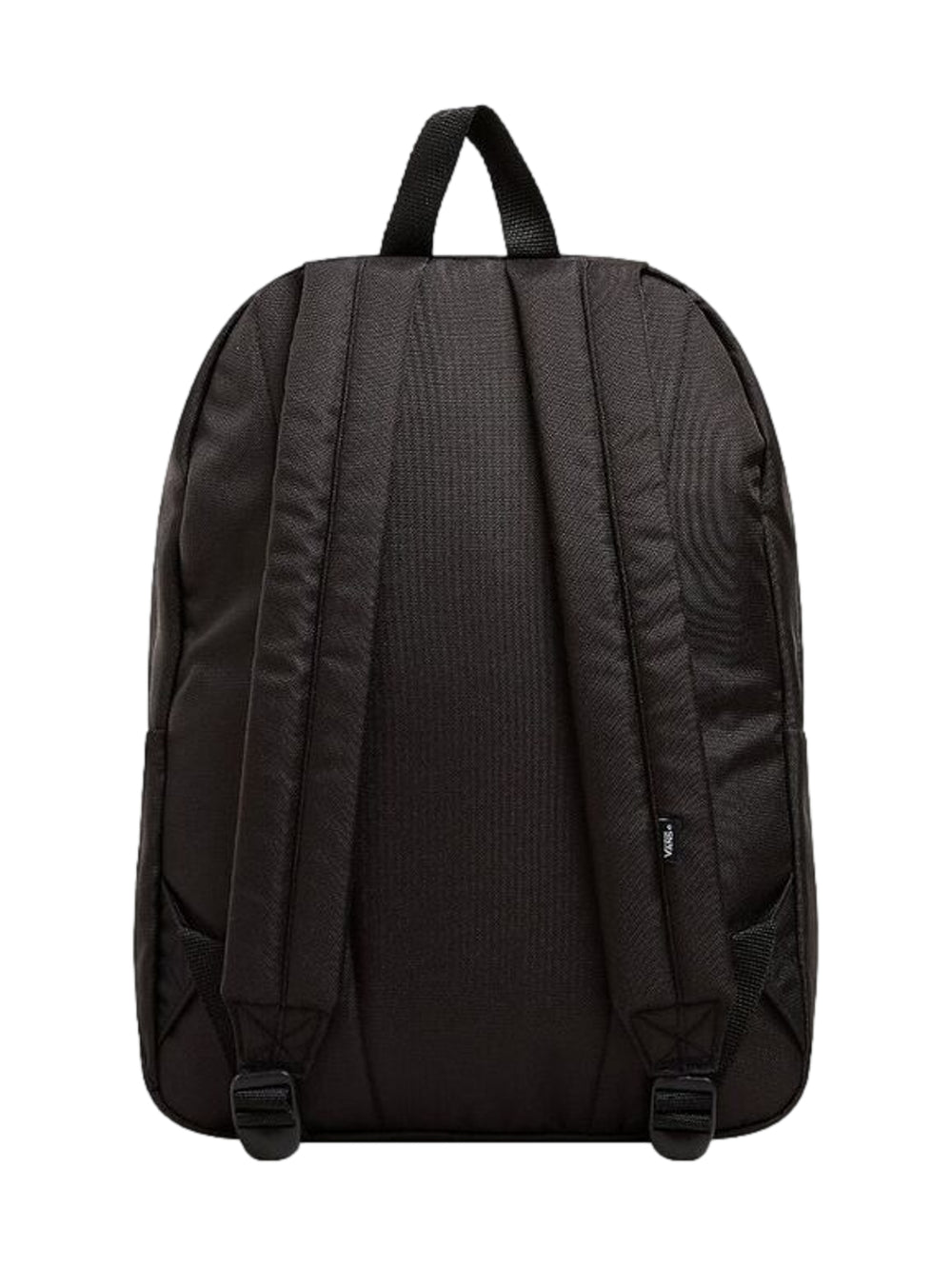 Mochila escolar Vans de color negro con logotipo blanco prominente en el centro y bolsillo frontal.