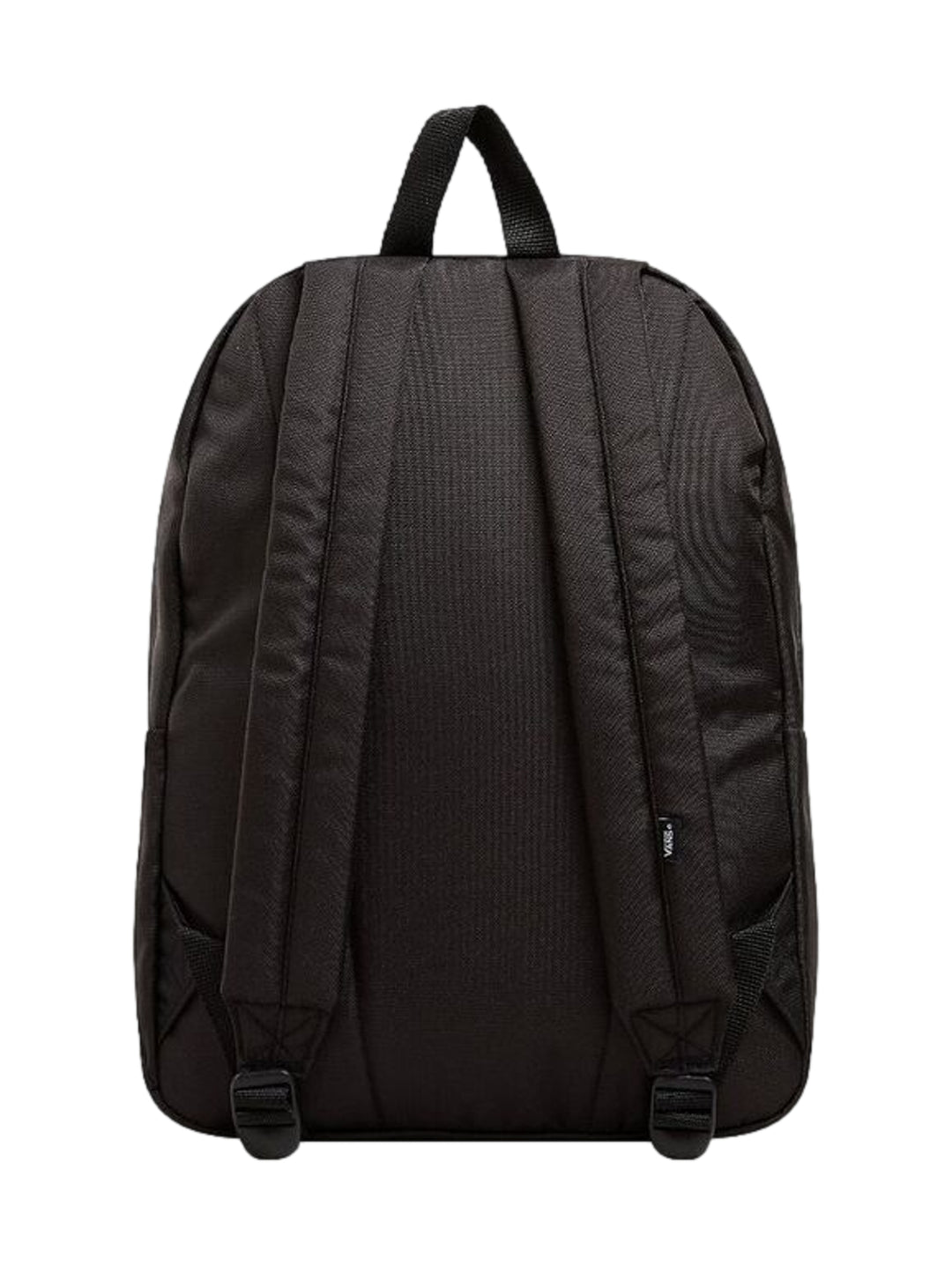 Mochila escolar Vans de color negro con logotipo blanco prominente en el centro y bolsillo frontal.