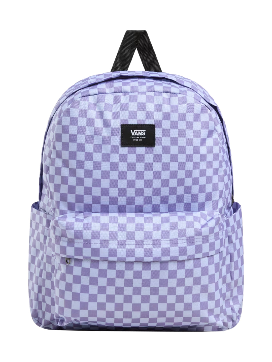 Mochila Vans color morado con estampado de cuadros blancos, bolsillo frontal y asa superior negra.