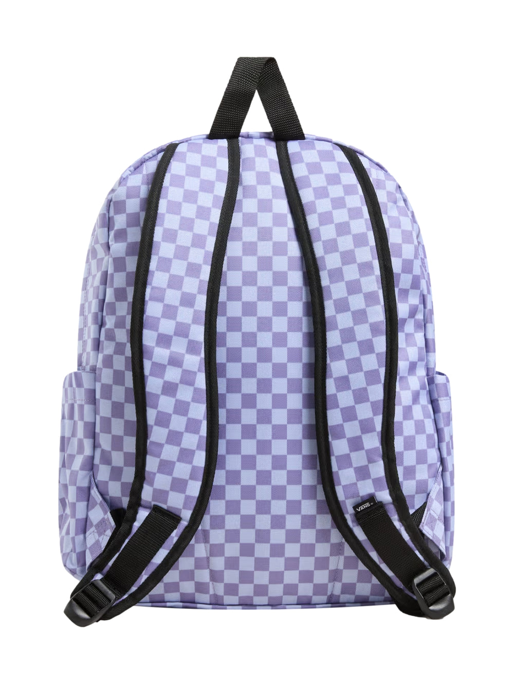 Mochila Vans color morado con estampado de cuadros blancos, bolsillo frontal y asa superior negra.