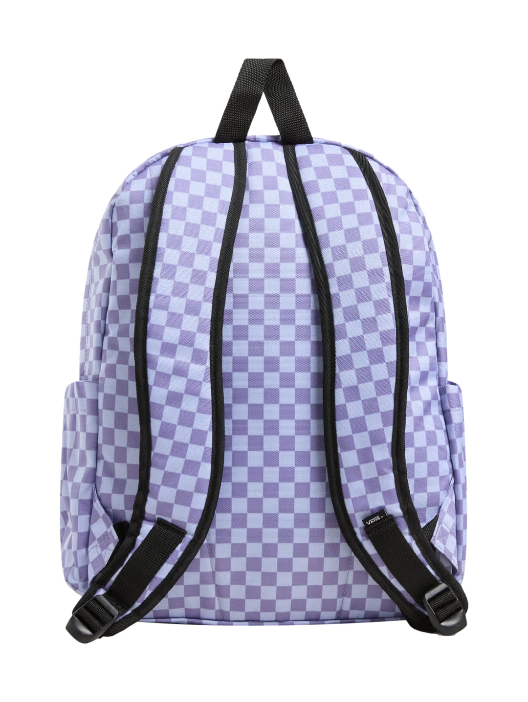 Mochila Vans color morado con estampado de cuadros blancos, bolsillo frontal y asa superior negra.