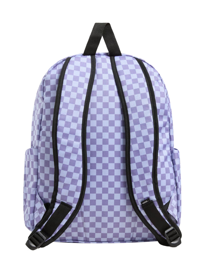 Mochila Vans color morado con estampado de cuadros blancos, bolsillo frontal y asa superior negra.