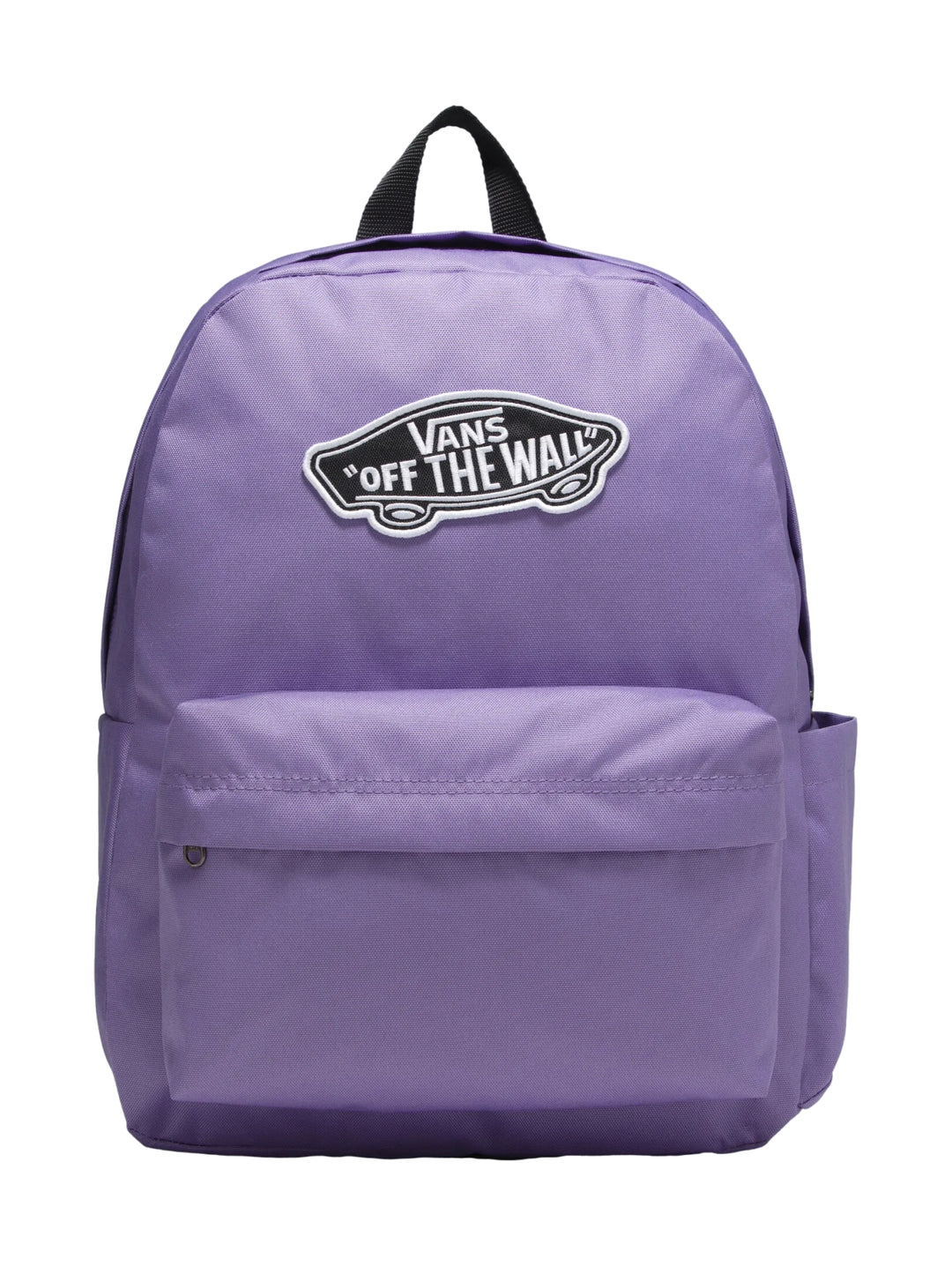 Mochila escolar Vans color morado con logotipo central y bolsillo frontal.