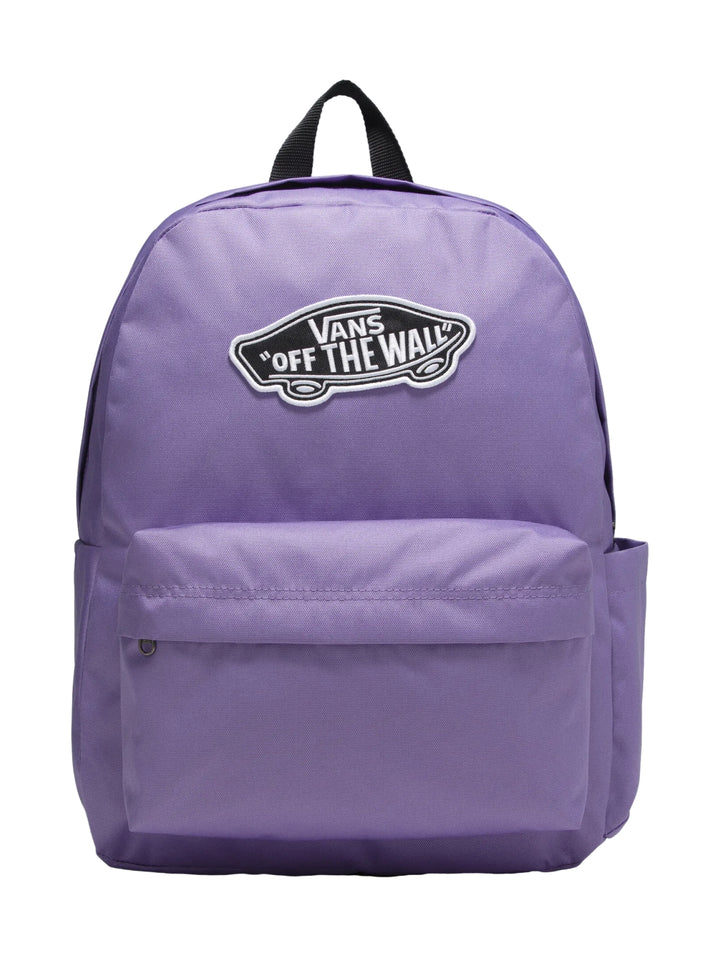 Mochila escolar Vans color morado con logotipo central y bolsillo frontal.