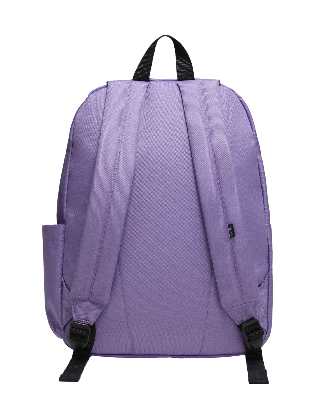 Mochila escolar Vans color morado con logotipo central y bolsillo frontal.