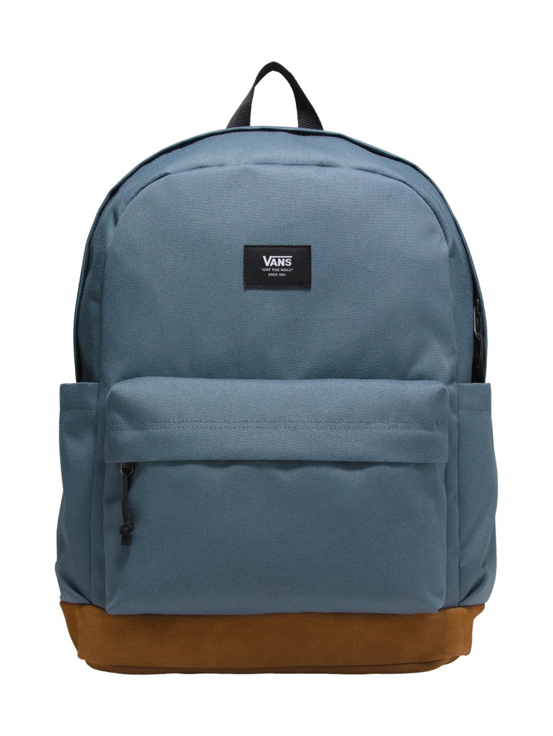 Mochila Vans Old Skool Sport en color azul tormenta con base café y logotipo frontal negro.