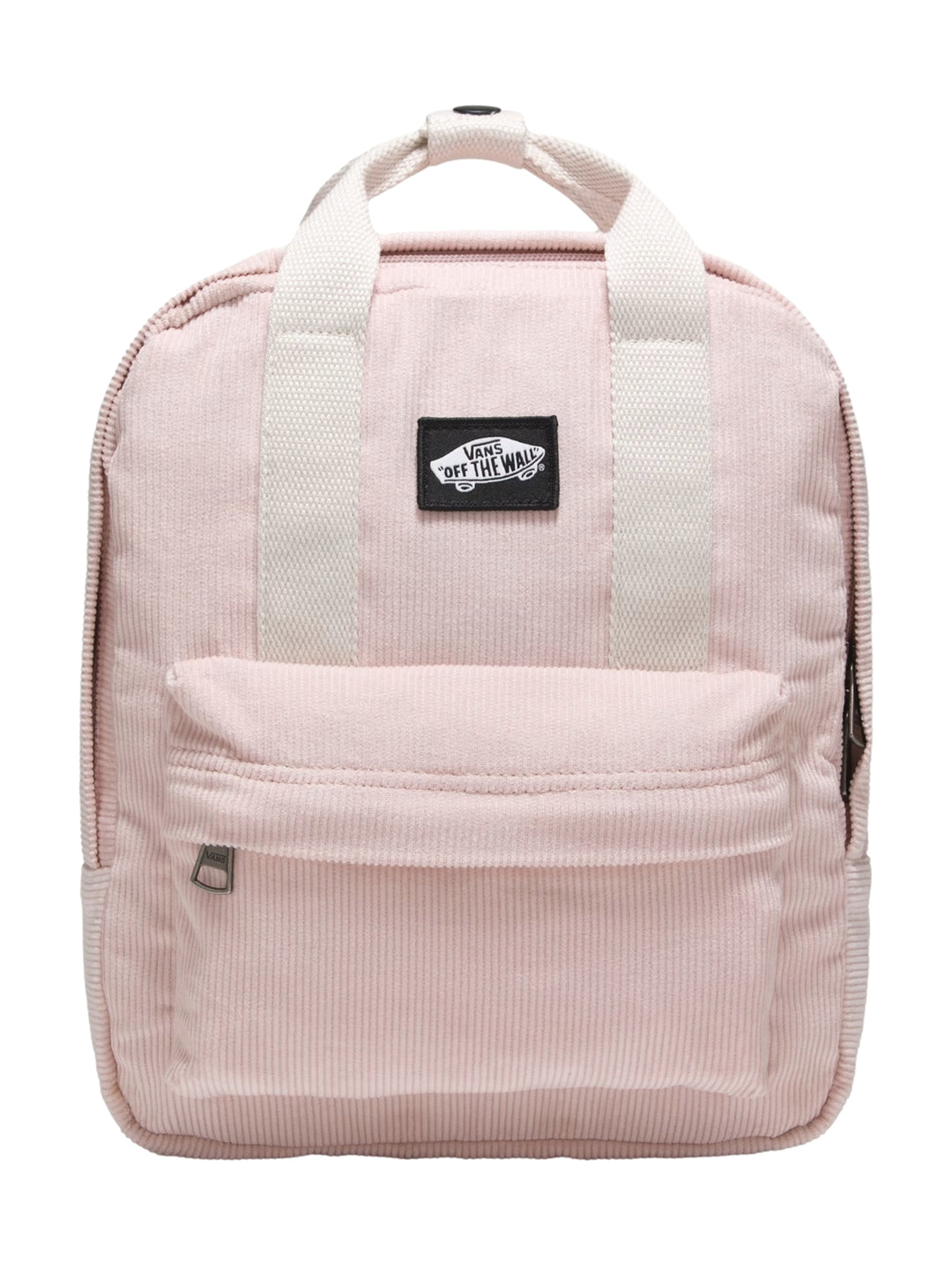 Mochila mini VANS color rosa sepia de tela de pana con correas blancas y bolsillo frontal.