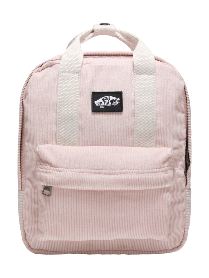 Mochila mini VANS color rosa sepia de tela de pana con correas blancas y bolsillo frontal.