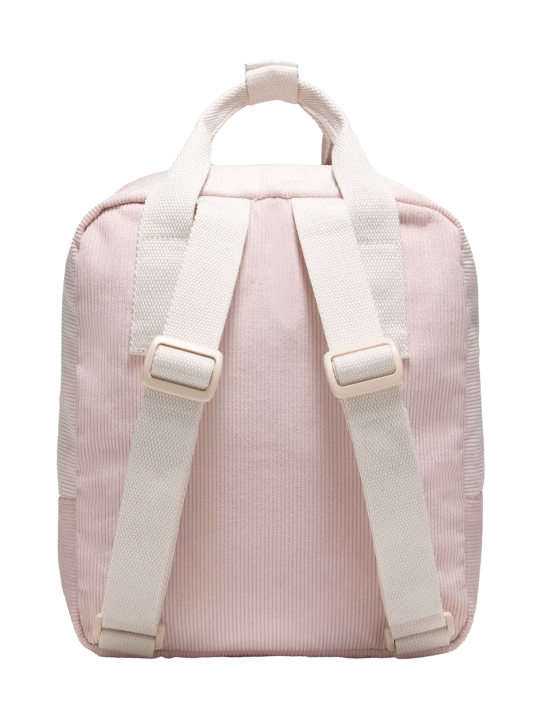 Mochila mini VANS color rosa sepia de tela de pana con correas blancas y bolsillo frontal.