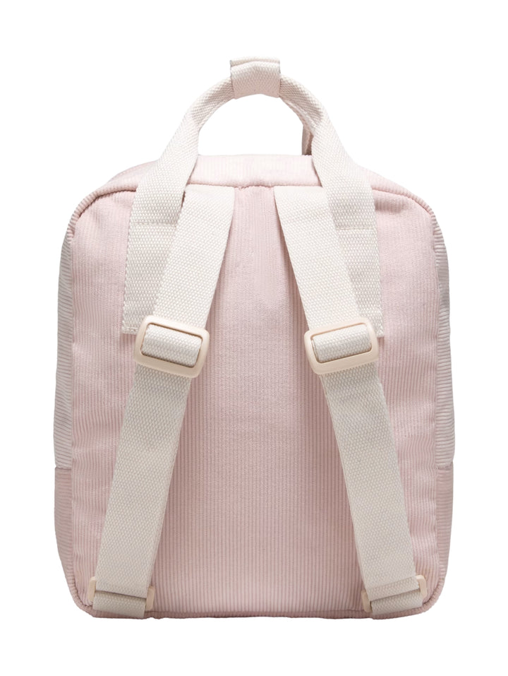 Mochila mini VANS color rosa sepia de tela de pana con correas blancas y bolsillo frontal.