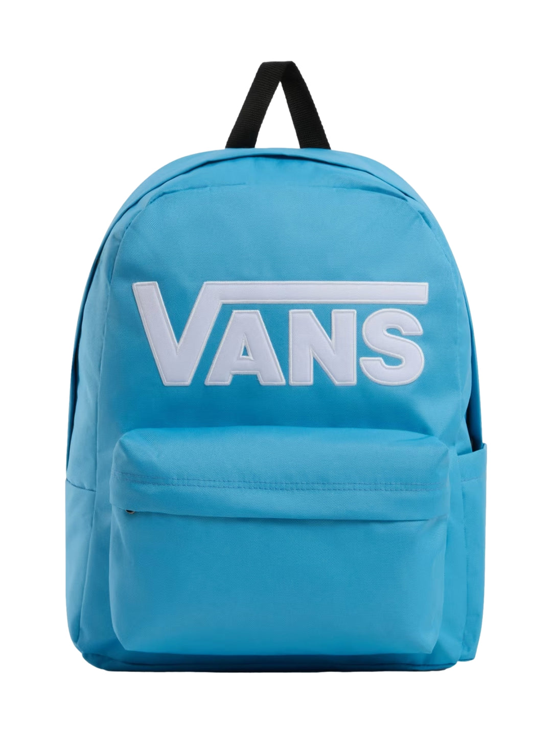 Mochila escolar VANS color azul heritage blue con logotipo blanco frontal y bolsillo exterior.