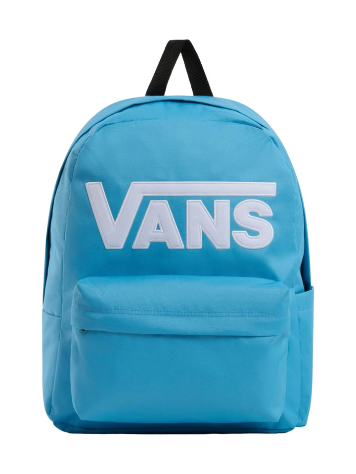 Mochila escolar VANS color azul heritage blue con logotipo blanco frontal y bolsillo exterior.