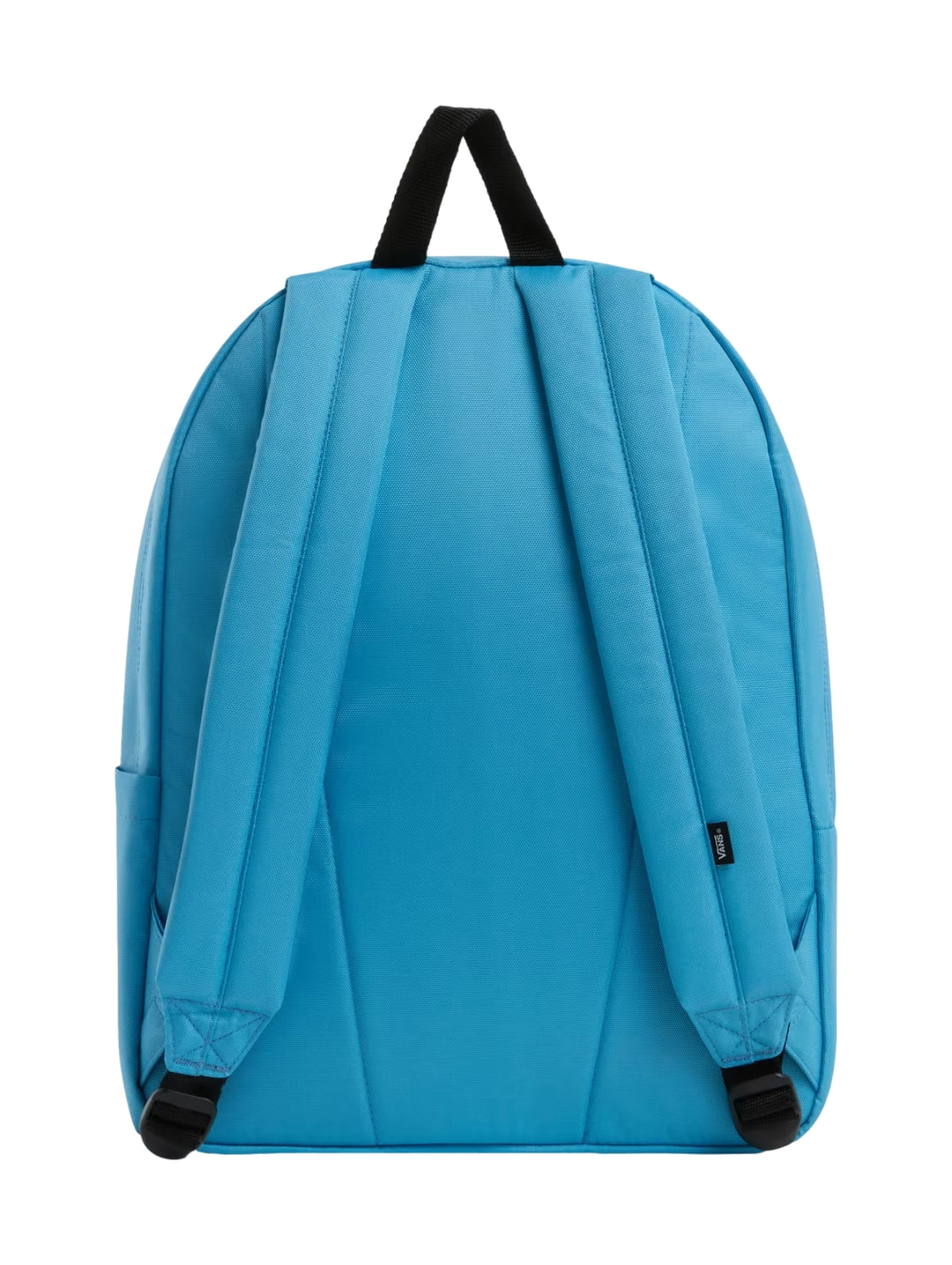 Mochila escolar VANS color azul heritage blue con logotipo blanco frontal y bolsillo exterior.