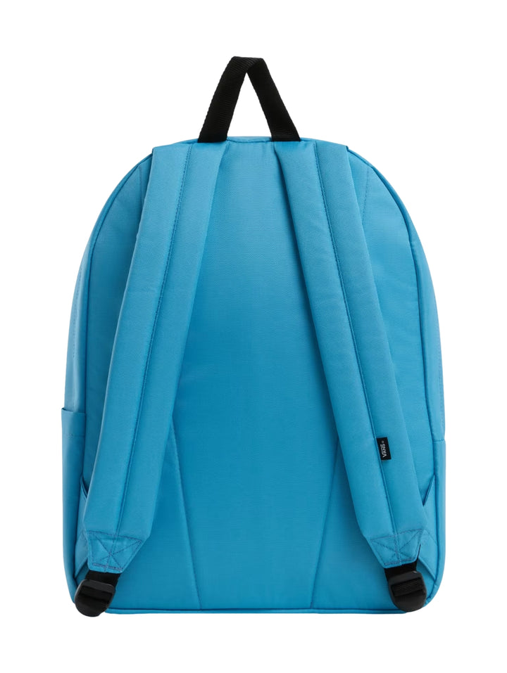 Mochila escolar VANS color azul heritage blue con logotipo blanco frontal y bolsillo exterior.