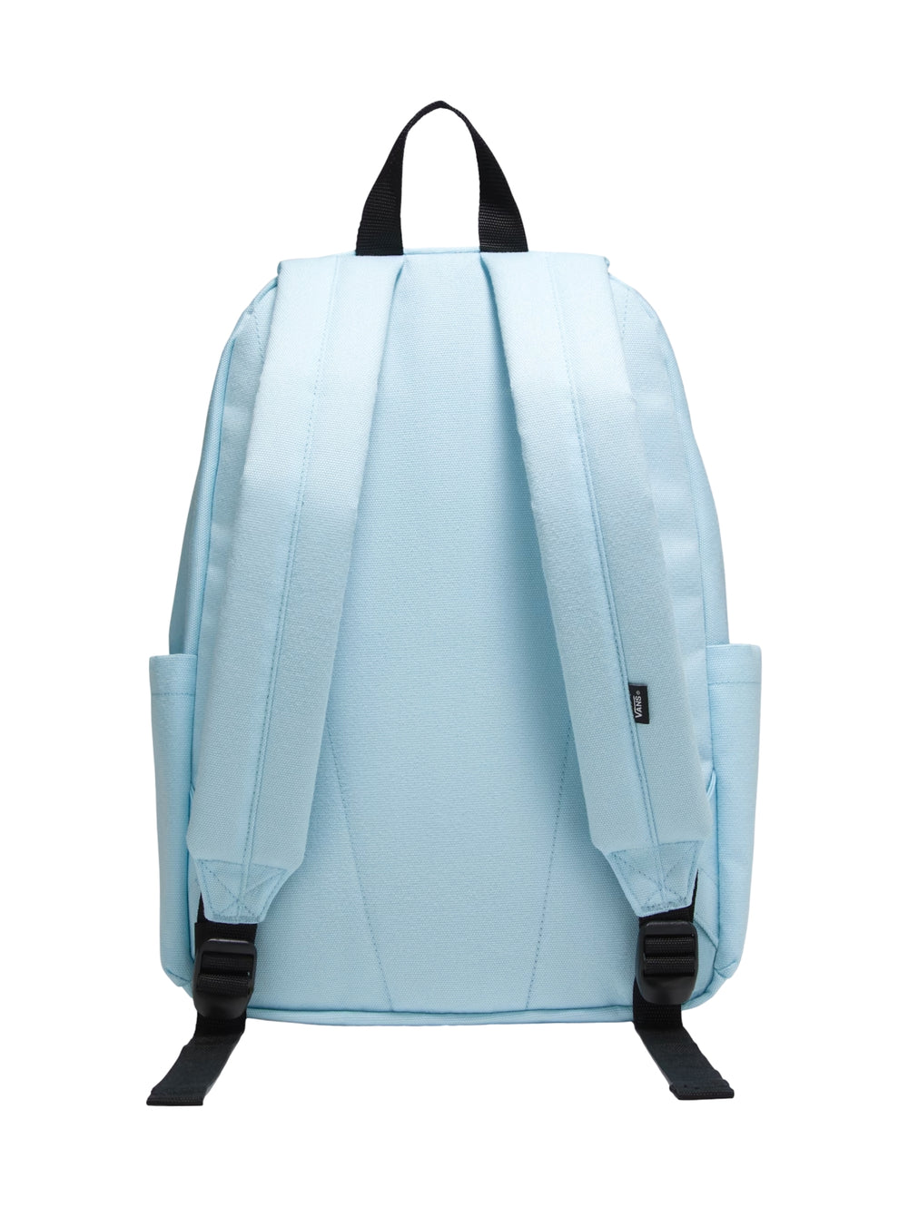 Mochila Vans color azul cristal con estampado de margaritas blancas y verdes, incluye bolsillo frontal y asa superior.