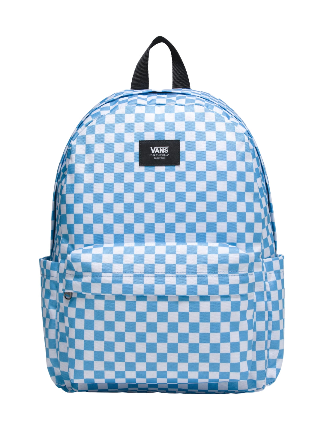 Mochila Vans con estampado de cuadros en color azul y blanco, bolsillo frontal y asa negra.