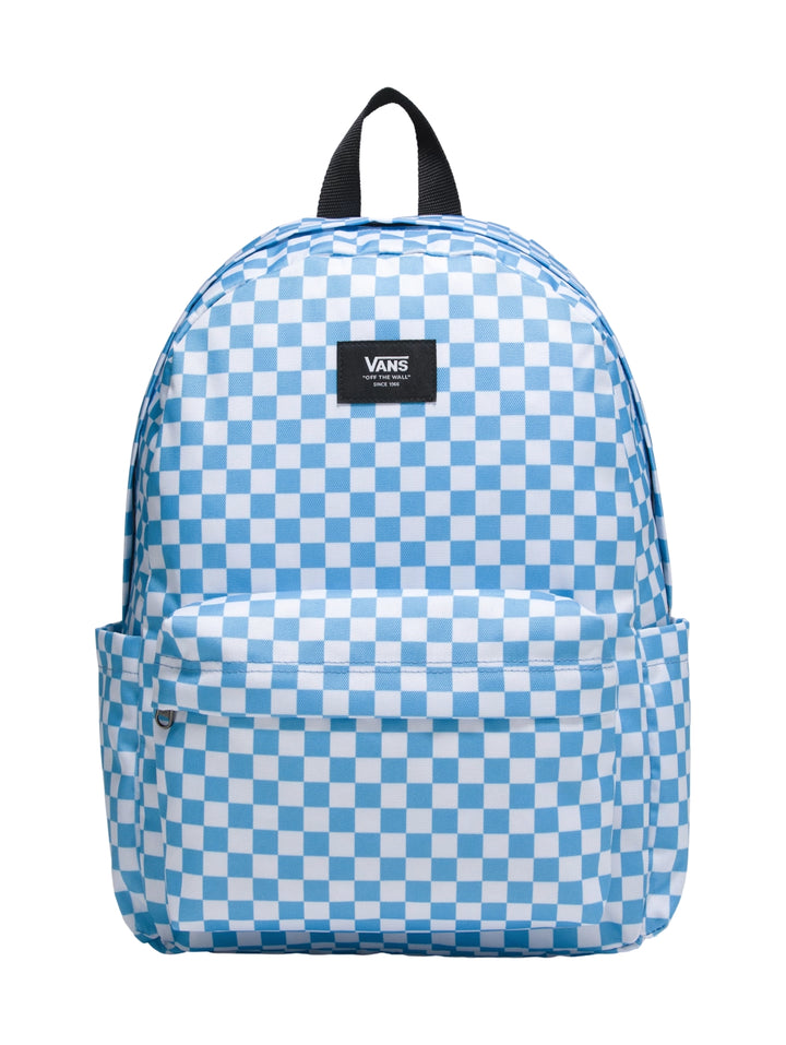 Mochila Vans con estampado de cuadros en color azul y blanco, bolsillo frontal y asa negra.