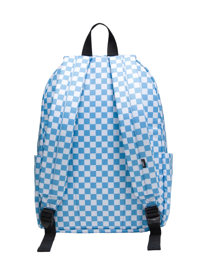 Mochila Vans con estampado de cuadros en color azul y blanco, bolsillo frontal y asa negra.