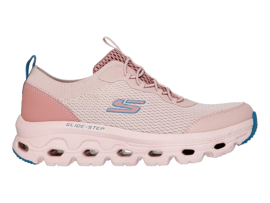 Tenis deportivos Skechers color rosa con suela Glide-Step y detalles en azul.