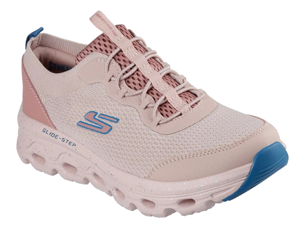 Tenis deportivos Skechers color rosa con suela Glide-Step y detalles en azul.