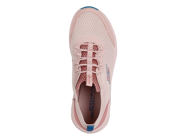 Tenis deportivos Skechers color rosa con suela Glide-Step y detalles en azul.