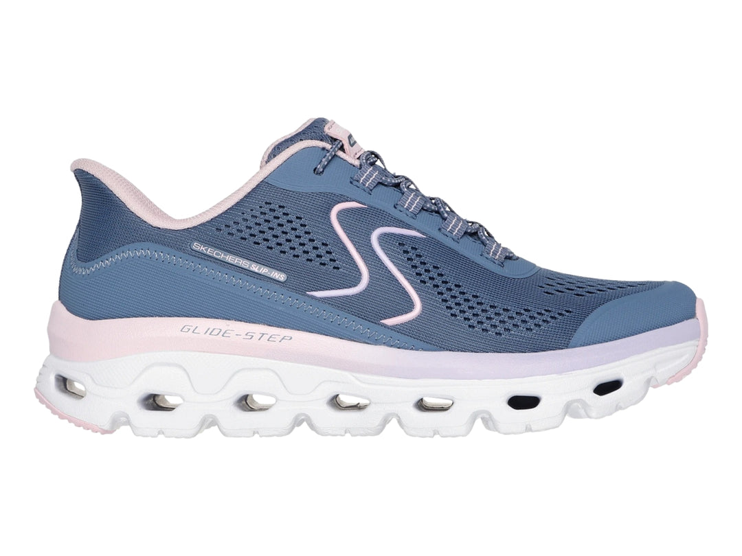 Tenis deportivos Skechers color azul pizarra con detalles rosa y suela blanca Glide-Step.