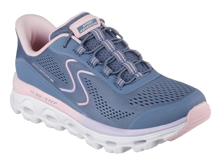 Tenis deportivos Skechers color azul pizarra con detalles rosa y suela blanca Glide-Step.