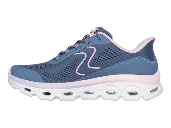 Tenis deportivos Skechers color azul pizarra con detalles rosa y suela blanca Glide-Step.