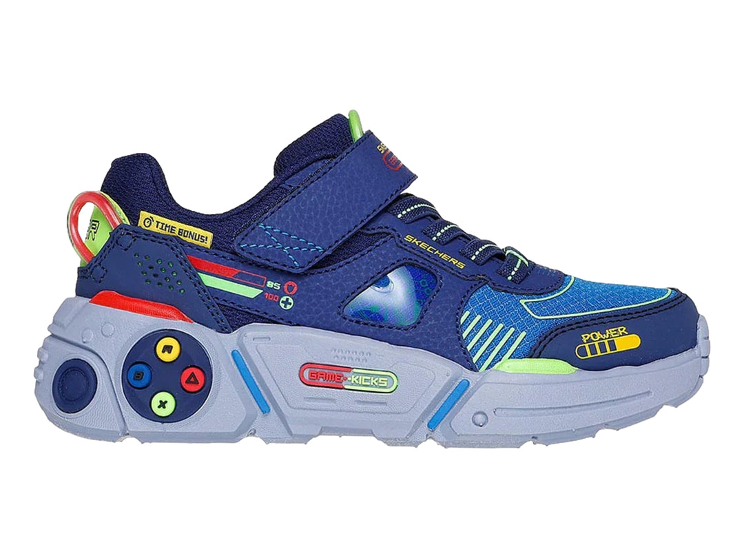 Tenis SKECHERS azules para niño con diseño de videojuegos, botones coloridos y suela azul claro.