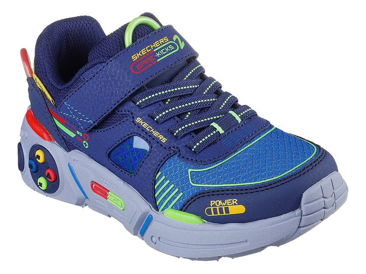 Tenis SKECHERS azules para niño con diseño de videojuegos, botones coloridos y suela azul claro.