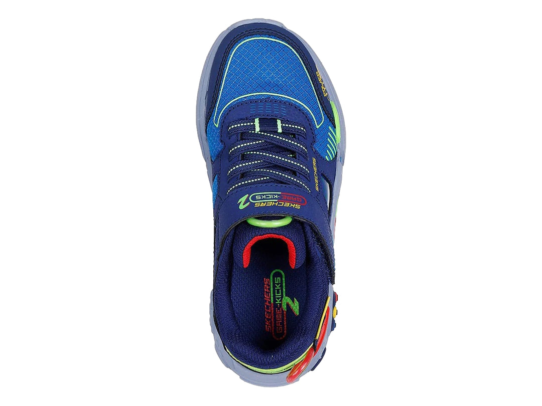 Tenis SKECHERS azules para niño con diseño de videojuegos, botones coloridos y suela azul claro.