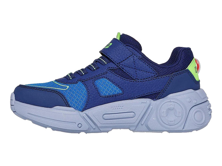 Tenis SKECHERS azules para niño con diseño de videojuegos, botones coloridos y suela azul claro.