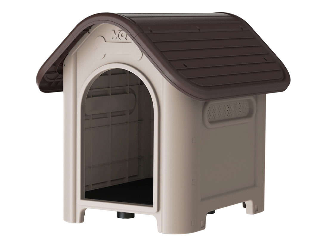 Casa de perro de plástico con techo café y paredes beige para razas grandes.