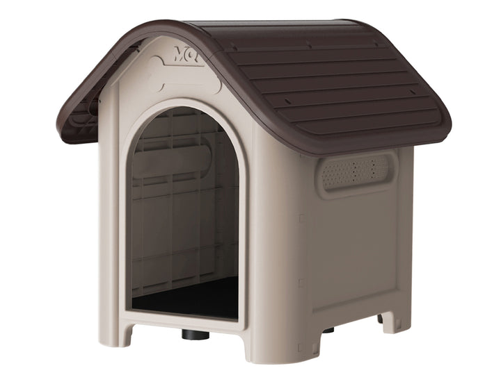 Casa de perro de plástico con techo café y paredes beige para razas grandes.