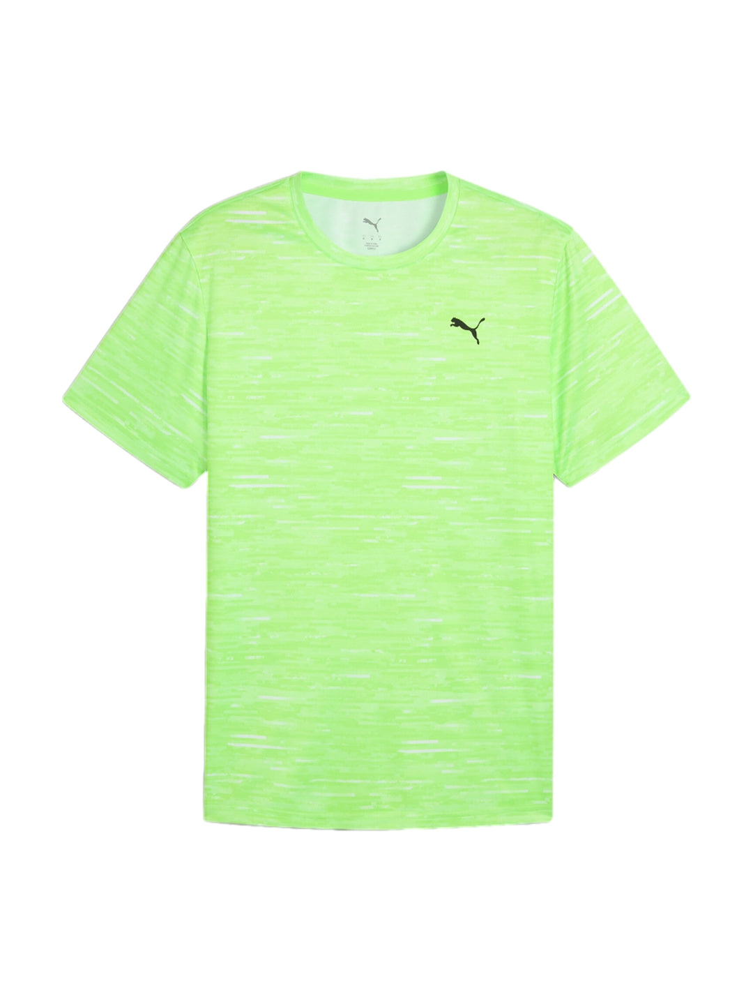 Camiseta deportiva PUMA color verde neón con efecto jaspeado y logo negro en el pecho.