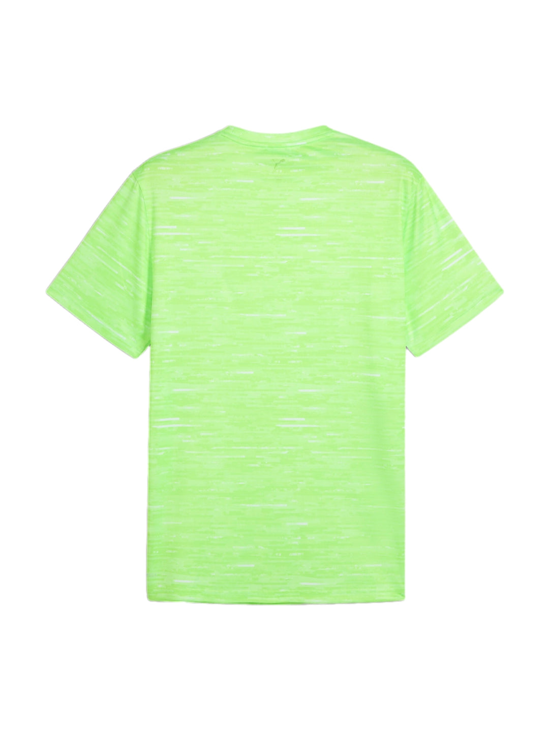 Camiseta deportiva PUMA color verde neón con efecto jaspeado y logo negro en el pecho.