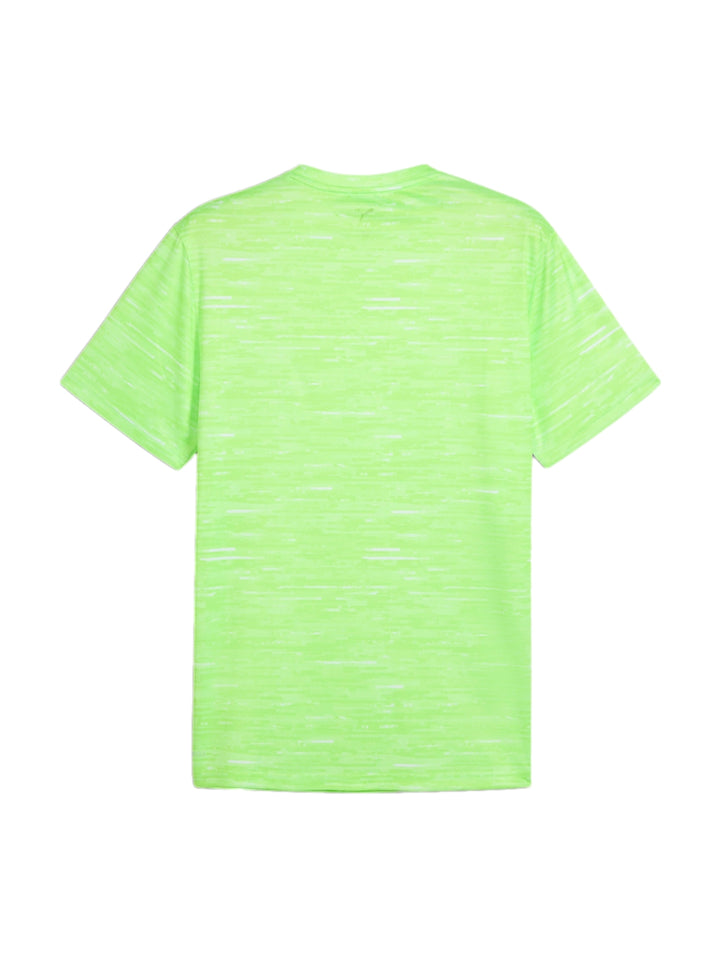Camiseta deportiva PUMA color verde neón con efecto jaspeado y logo negro en el pecho.