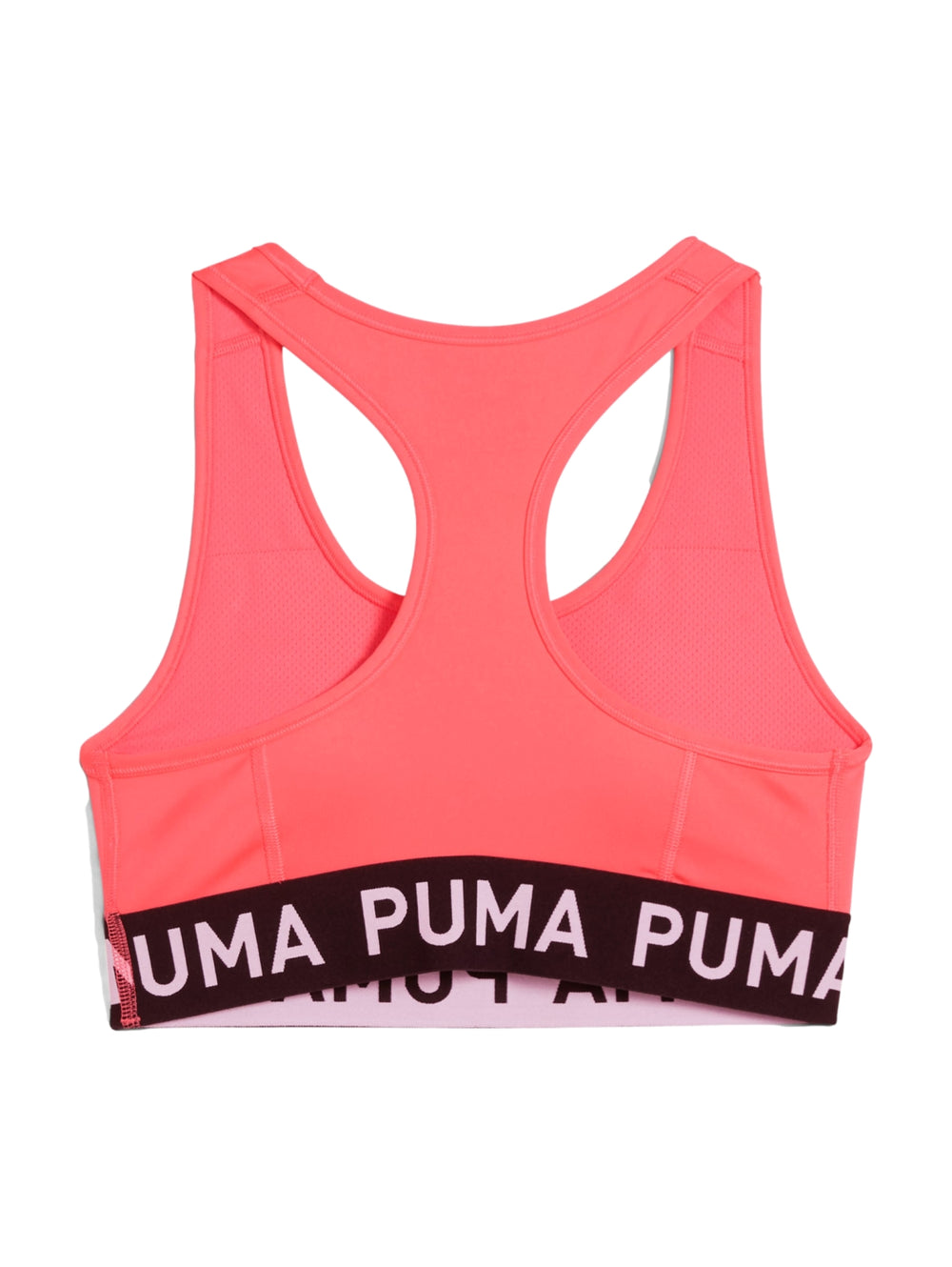 Bra deportivo PUMA color Peach Frost con banda elástica negra en la base y logo central.
