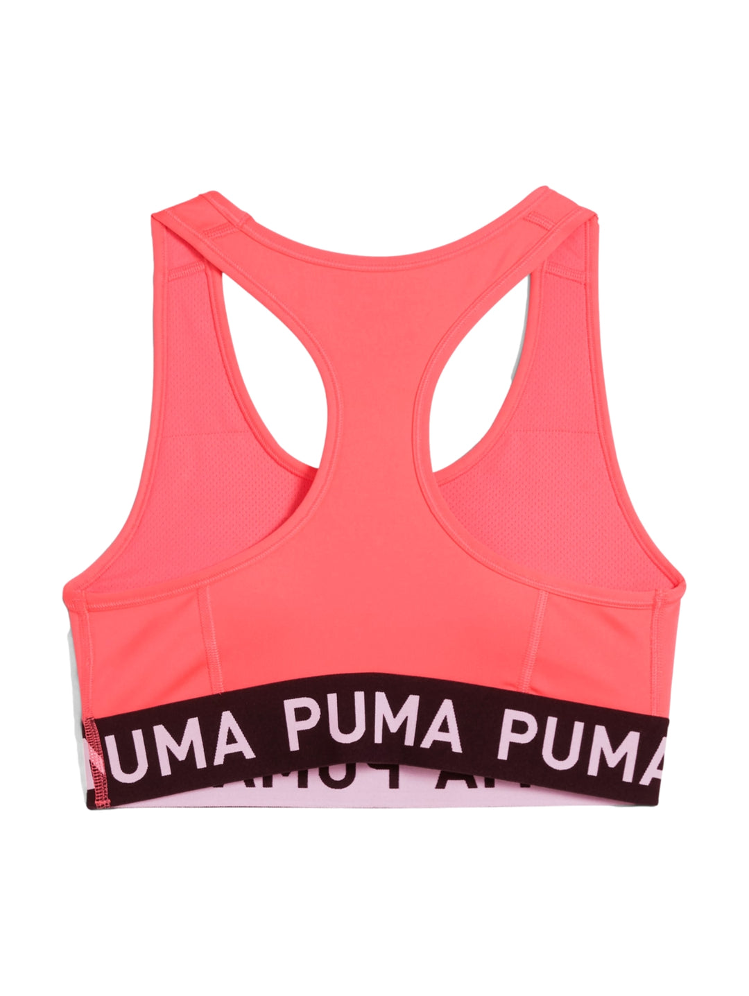 Bra deportivo PUMA color Peach Frost con banda elástica negra en la base y logo central.