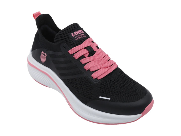 Tenis deportivos K-Swiss color negro con detalles en rosa y suela blanca.