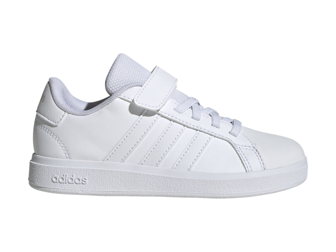 Tenis Adidas Grand Court 2.0 en color blanco con cierre de velcro y agujetas.