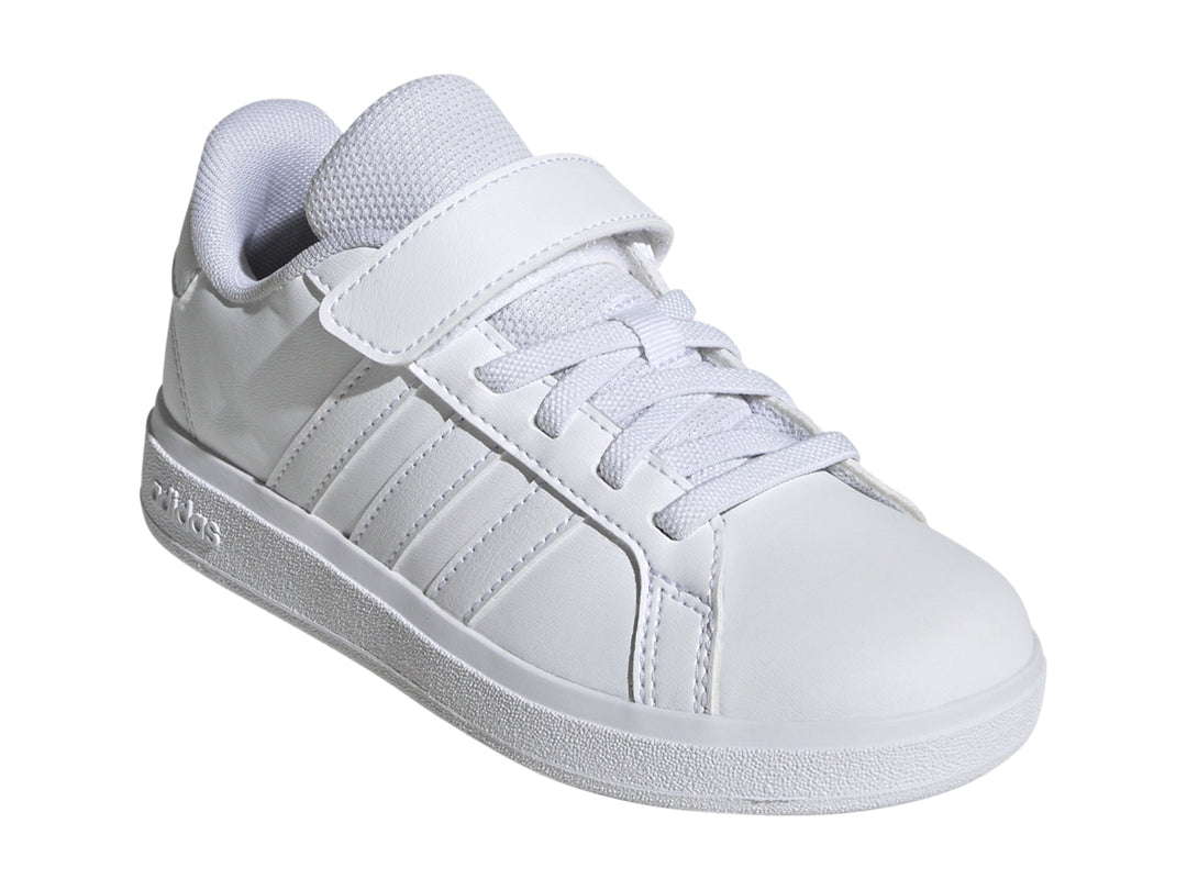 Tenis Adidas Grand Court 2.0 en color blanco con cierre de velcro y agujetas.