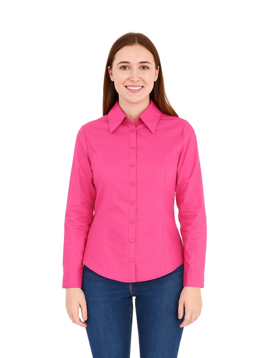 Blusa camisera ejecutiva de color fucsia con manga larga y cuello.