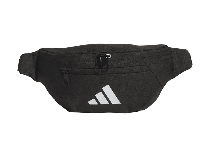 Cangurera Adidas de color negro con logotipo blanco en el centro y cierres frontales.
