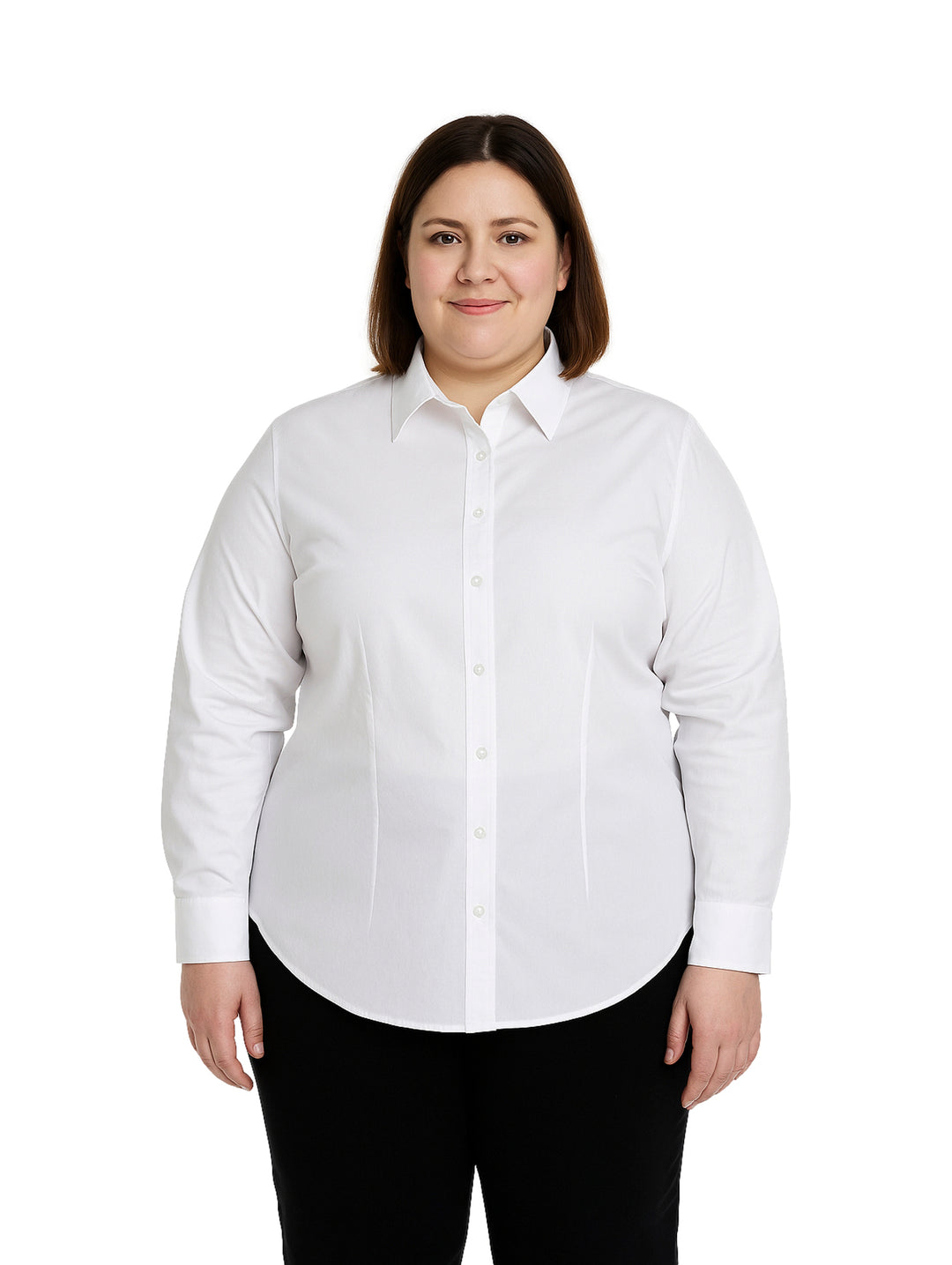 Mujer vistiendo una blusa blanca de manga larga con botones y cuello, estilo formal.