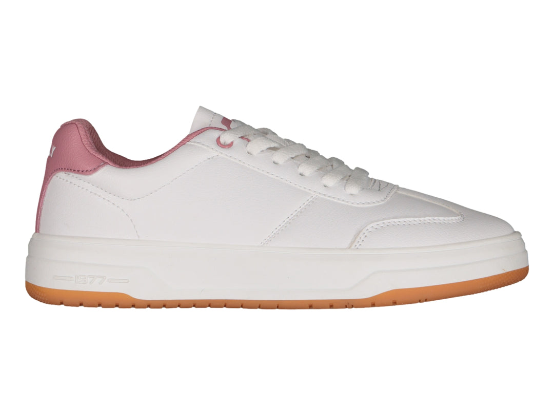 Tenis Charly blancos con detalles en rosa y suela color café, estilo casual deportivo.