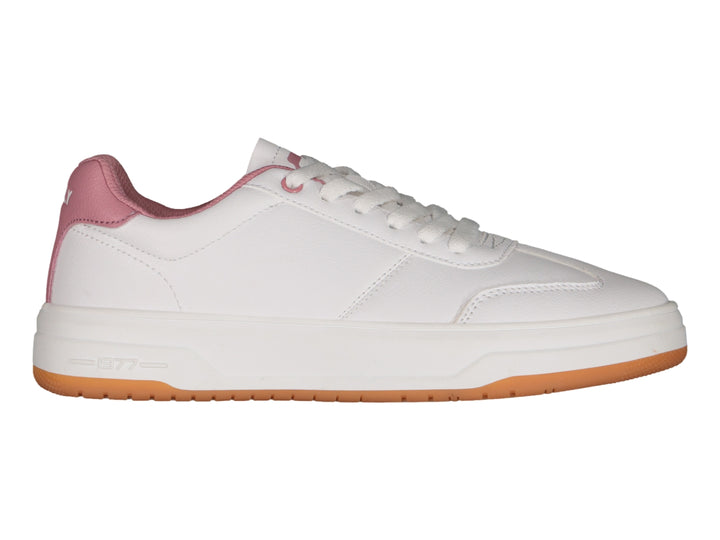 Tenis Charly blancos con detalles en rosa y suela color café, estilo casual deportivo.