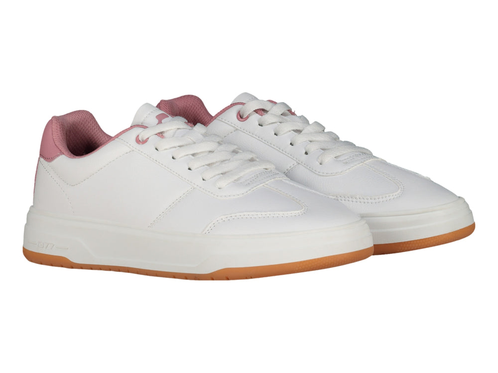 Tenis Charly blancos con detalles en rosa y suela color café, estilo casual deportivo.