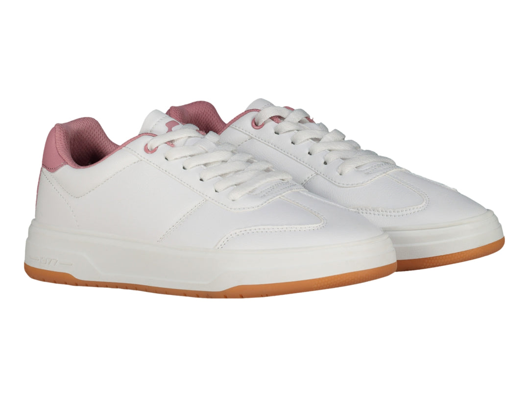 Tenis Charly blancos con detalles en rosa y suela color café, estilo casual deportivo.