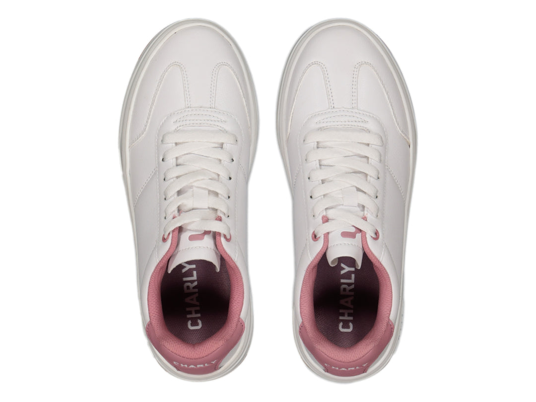 Tenis Charly blancos con detalles en rosa y suela color café, estilo casual deportivo.